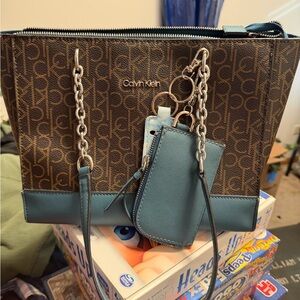 Calvin Klein Monogram Brown and Teal Tote